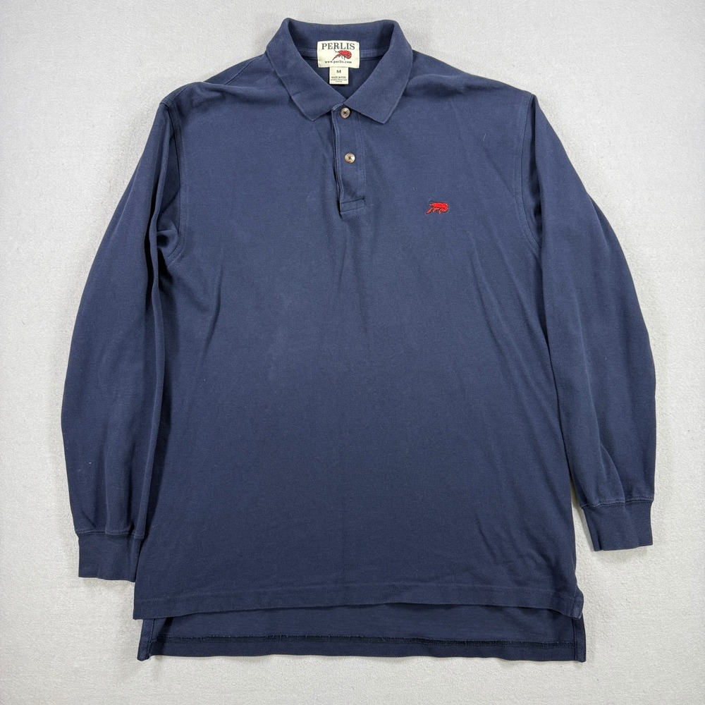 Perlis Polo Shirt Mens Medium Navy Long Sleeve Peruvian Cotton Preppy Casual